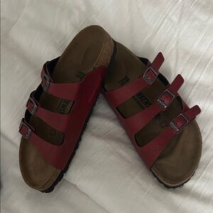 Birkenstock Red Sandals with Silver Buckle